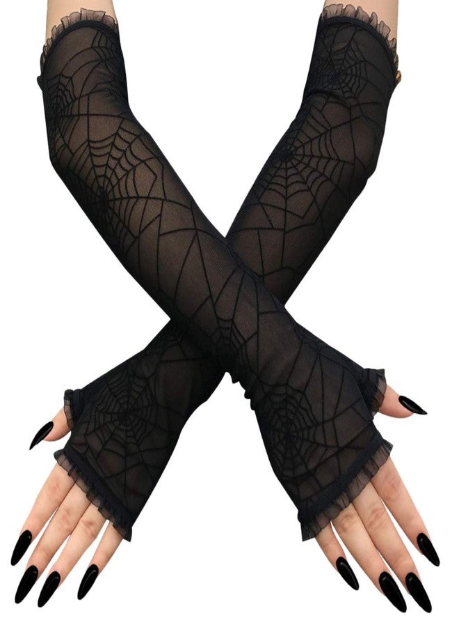 Seeksmile Women's Black Fingerless Lace Edge Spider Web Witch Gloves Past Elbow for Halloween Cosplay Costume Accessories (Black)